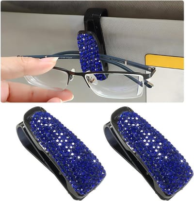 Brillenhouder Auto - Zonnebril Clip - Autobril Opbergen - Versierd met Kristallen - 2 Stuks - Donkerblauw
