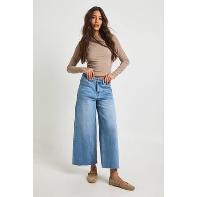 boohoo Dames De Hoge Taille Verkorte Wijde Pijpen Jeans | Lichtblauw | Maat: 34