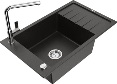 Mexen Elias granieten spoelbak 1-kompartment met afdruiprek en keukenmengkraan Flora, zwart/goud metallic - 6511-75-670401-00