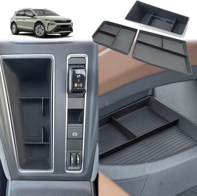 Compatible Center Console Opbergdoos voor Skoda Enyaq RS 2021-2026 met TPE Rubber, Organizer en Onderste Planken, Accessoires voor Enyaq iV en Elroq 3-Pack