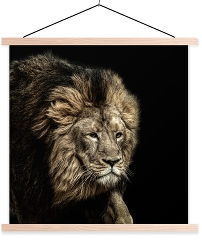 Posterhanger incl. Poster 60x60 cm - Schoolplaat - Leeuw - Dieren - Zwart - Textielposter - Blanke latten