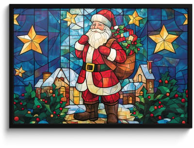Poster in lijst - Fotolijst 90x60 cm - Posters - Kerstman - Glas - Kleurrijk - Posterlijst zwart - Decoratie - Wanddecoratie woonkamer - Muurdecoratie slaapkamer - Kerstversiering - Kerstdecoratie voor binnen - Kerstmis
