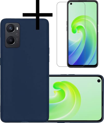 Hoesje - Met Screenprotector - Geschikt voor OPPO A76 - Sterk & Shockproof - Back Cover - Siliconen Case - Telefoon Hoes - Donkerblauw