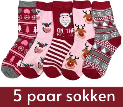 Kerstsokken Set 'Yrsa' Dames/Meiden - 5 paar - maat 36-41 - Kerst Warme Sokken met Rendieren, Kerstman, Sneeuwvlokken etc. - Rood/Roze/Wit