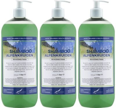 Shampoo Alpenkruiden - 1 liter (transparant) - 3 stuks - met witte pomp - Voordeelverpakking - Haarverzorging