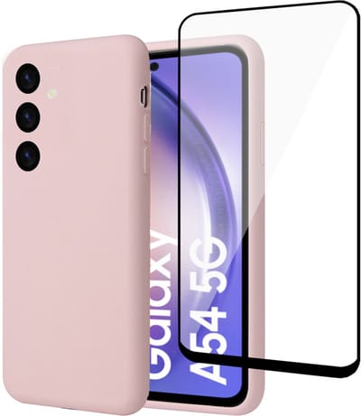Geschikt voor Samsung A54 Hoesje + Screenprotector – Full Cover Gehard Glas – Suède Back Cover Case Rose