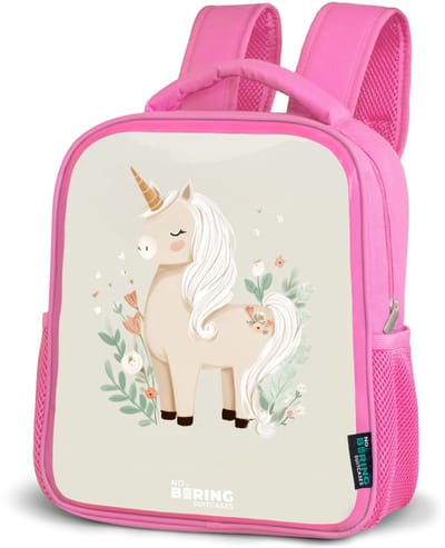 NoBoringSuitcases.com® - Rugzak roze - Schooltas meisjes - Eenhoorn tussen bloemen in beige kleuren - Kinder rugtas meisje - Boekentas kind - Kinderrugzak voor school - Schoolrugzak
