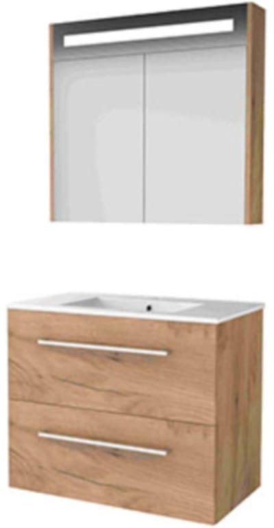 Basic-Line Premium 46 Badkamermeubelset - 80 x 46 cm - Met Grepen - 2 Lades - Keramische Wastafel - 1 Kraangat - Spiegelkast met LED Verlichting - Whisky Oak