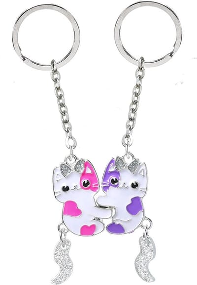 Bixorp Friends Vriendschap Sleutelhanger voor 2 Roze & Paarse Katjes - Roestvrij staal / Stainless Steel - Zilverkleurig