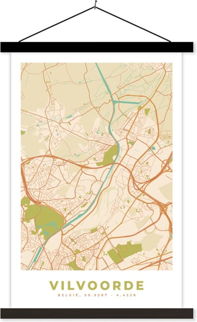 Posterhanger incl. Poster 40x60 cm - Schoolplaat - Plattegrond - Stadskaart - Vintage - Vilvoorde - Kaart - Textielposter - Zwarte latten - Stadskaart