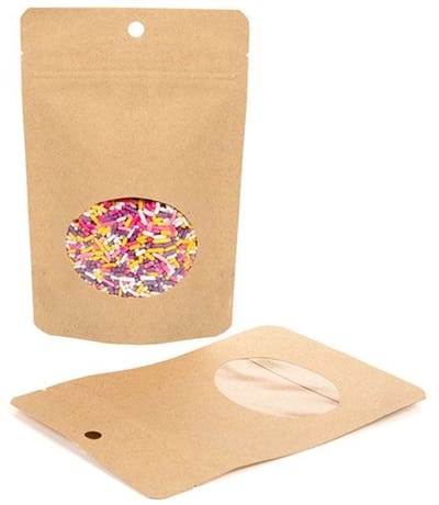 Stazakken Kraft Composteerbaar 10,2x6x15,2cm met ovaal Venster | 57 gram (100 stuks) | Doypacks | Stand up pouches