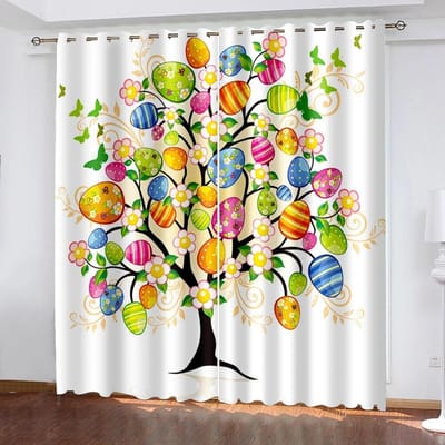 Paas Gordijnen met Print, Konijn Kleurrijk Ei Patroon, Vakantie Decoratie Gordijnen Voor Woonkamer Slaapkamer Kantoor 2 stuks W50xH130(CM)x2PCS-Grommet Top
