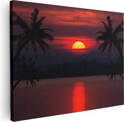 Artaza Canvas Schilderij Palmboom Strand - 40x30 cm - Klein - Wanddecoratie Zonsondergang - Muurdecoratie Zee - Schilderijen Op Canvas