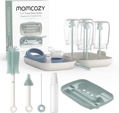 Momcozy 7-in-1 Babyfles Reinigingsset (Groen) – Baby Bottle Cleaner Kit met Siliconen Borstel, Speen- & Rietjesborstels, Zeepdispenser & Droogrek – Draagbare Babyfles Schoonmaakset voor Thuis & Reizen