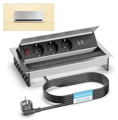 Aluminium 3-Weg Stekkerdoos met 2 USB-C PD 30W en 2 USB-A, Retractable en Hoekverstelbaar, Ideaal voor Keuken, Bureau en Kantoor, 1.8 meter Kabel