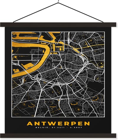 Posterhanger incl. Poster 60x60 cm - Schoolplaat - Antwerpen - Stadskaart - Kaart - Goud - Plattegrond - Textielposter - Zwarte latten - Stadskaart