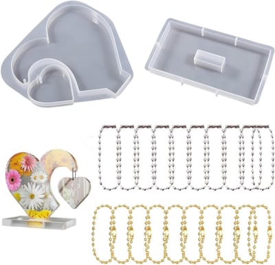 Creatieve Hartvormige Siliconen Hars Fotolijst – DIY Gietmal Set met Fotolijst, Standaard Mal en 20 Kettingen (Goud & Zilver) – Perfect voor Valentijnsdag en Moederdag Decoratie
