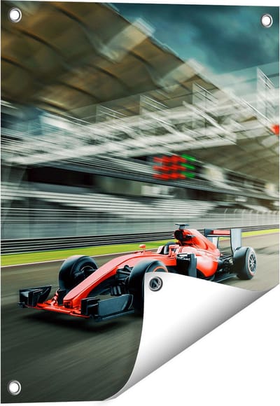 Gards Tuinposter Formule 1 Auto bij de Finish in het Rood - 40x50 cm - Tuindoek - Tuindecoratie - Wanddecoratie buiten - Tuinschilderij