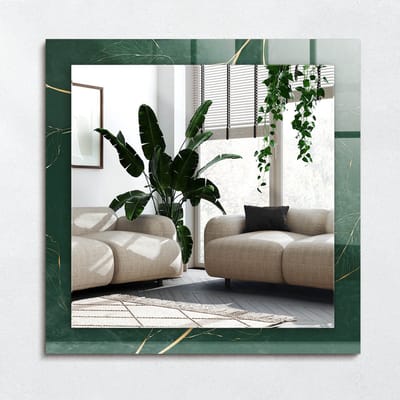 Wallfluent Spiegel - Groene Bladeren Goud Spiegel op gehard Glas - 60x60 cm - Donkergroen Vierkante Spiegel - Decoratieve spiegel - Spiegel - voor slaapkamer kleedkamer woonkamer - Visagiespiegel - Luxe Spiegel - Wandmontage