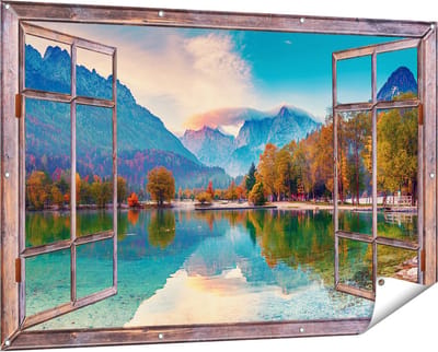Gards Tuinposter Doorkijk Meer - 150x100 cm - Tuindoek - Tuindecoratie - Wanddecoratie buiten - Tuinschilderij