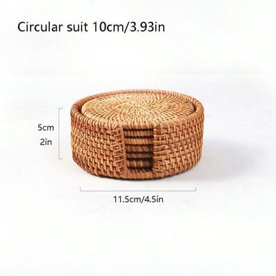 Handgemaakte Rotan Onderzetter Set Hittebestendige Pannenonderzetters Voor Keuken & Eetkamer, Houten Opbergruimte Thee Accessoires Valentijnsdag 6 pieces + basket brown