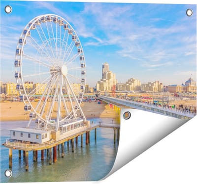 Gards Tuinposter Scheveningen Pier met de Ferris Wheel - Reuzenrad - 50x40 cm - Tuindoek - Tuindecoratie - Wanddecoratie buiten - Tuinschilderij