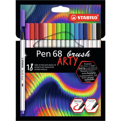 STABILO Pen 68 - Premium Brush Viltstift - Met Flexibele Penseelpunt - ARTY Etui Met 18 Verschillende Kleuren