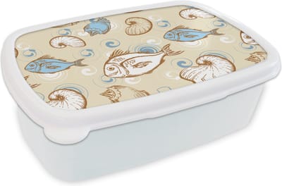 Broodtrommel Wit - Lunchbox - Brooddoos - Vis - Schelpen - Pastel - Design - Vintage - 18x12x6 cm - Volwassenen
