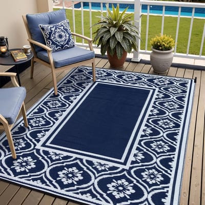 Buitentapijt Omkeerbaar - Terrastapijt Waterdicht - Buiten Leven - UV-bestendig Gerecycled Plastic - 150 x 240 cm - Marineblauw Wit
