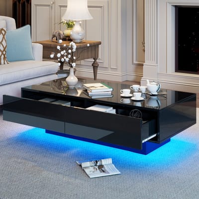 Moderne hoogglans salontafel 115 x 55 x 34 cm - met 2 laden - LED-verlichting - woonkamer salontafel - zwart