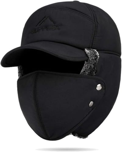 longziming Winter Bont Hoed – Russische Oorflappen Muts – Winddichte Trapper Hat – Mondkapje – Bomber Cap – Faux Fur Ski Cap – Heren Dames – Sneeuw Trooper – Zwart