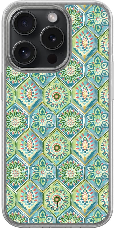 Hoesje geschikt voor iPhone 15 Pro - Bohemian vibes - 2in1 backcover - Print / Illustratie - Groen, Blauw - Leuke Telefoonhoesjes