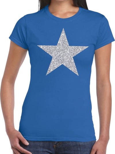 Glitter and glamour ster T-shirt - zilver glitters - blauw - dames - Verkleedkleding - Feestkleding XS