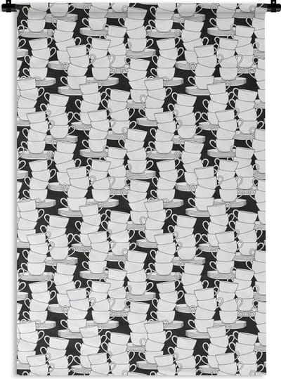 Wandkleed - Wanddoek - Patronen - Zwart wit - Kopjes - Thee - 120x180 cm - Wandtapijt