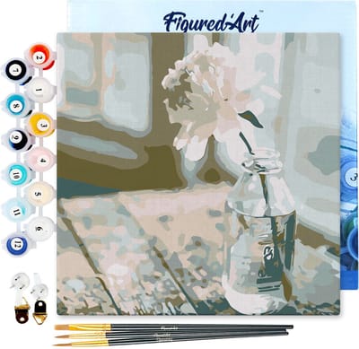 Figured'Art Mini Schilderen op Nummer Volwassenen 20x20cm met lijst Witte bloem - Klein Formaat Creatieve Hobby Kit DIY Art Nummer Compleet