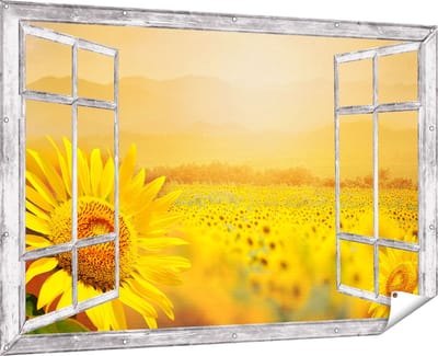 Gards Tuinposter Doorkijk Zonnebloemen Veld met Zonopkomst - 180x120 cm - Tuindoek - Tuindecoratie - Wanddecoratie buiten - Tuinschilderij