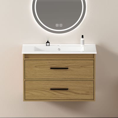 DESMIU Badkamerkast - Ruime Opbergruimte Met 2 Laden - Voor Moderne En Klassieke Badkamers - Keramiek En MDF - 76x46,5x52 Cm - Licht Eiken