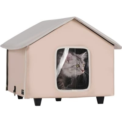 VEVOR Kattenhuis 52x48x47 cm, Kattenhuis 55 W, Kattenhol, Kattenverblijf gemaakt van 600D Oxford-stof met verwarmd kussen, temperatuurverhoging tot 20 °C, voor de winter, Bruin (Midden)