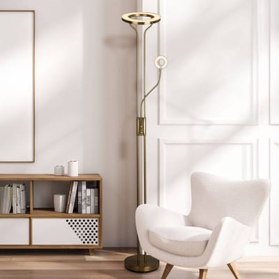 Searchlight LED vloerlamp Mother &amp; Child, gesatineerd messing, leeslamp