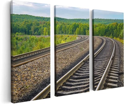 Artaza Canvas Schilderij Drieluik Rails Spoorwegen In Een Bocht - 120x80 - Foto Op Canvas - Canvas Print