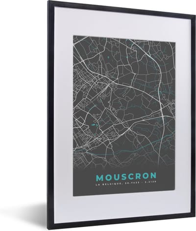 Fotolijst incl. Poster - Kaart – Plattegrond – Stadskaart – Mouscron – België - Grijs - 30x40 cm - Posterlijst