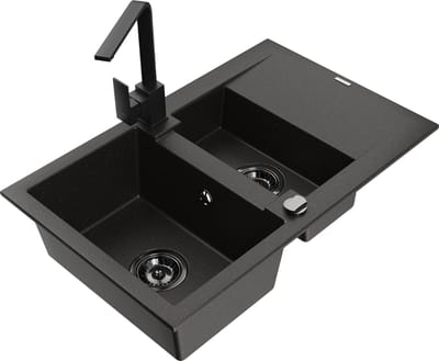 Mexen Gaspar granieten spoelbak 1,5-kamers met afdruiprek en keukenmengkraan Rita, zwart/goud - 6507-75-670300-70-B