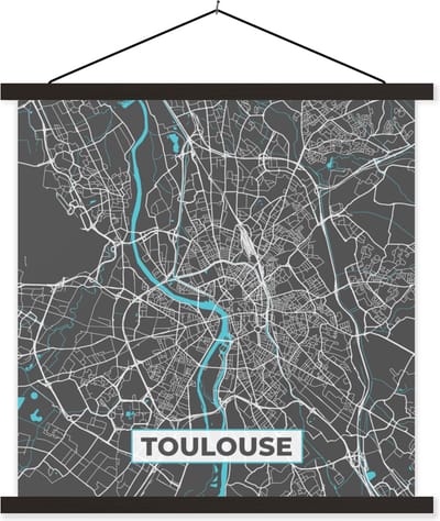 Posterhanger incl. Poster 60x60 cm - Schoolplaat - Toulouse - Frankrijk - Kaart - Stadskaart - Plattegrond - Textielposter - Zwarte latten - Stadskaart