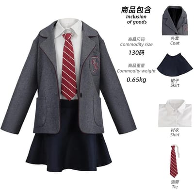 Film Matilda Déguisement Cosplay Uniforme Scolaire Manteau Jupe Cravate Matilda le Musical de Roald Dahl Costume Combinaison Enfants Pour Filles Femmes Kids 120cm&Matilda Cosplay gray