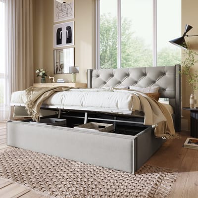 Sweiko Hydraulisch tweepersoonsbed gestoffeerd bed 140x200cm, Bed met metalen frame lattenboden, Modern bed frame met opbergruimte, Katoen, Lichtgrijs