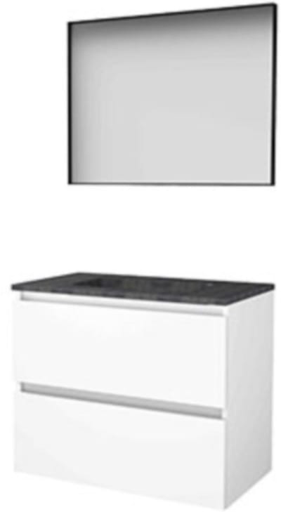 Basic-Line Framed 46 Badkamermeubelset - 80 x 46 cm - Greeploos - 2 Lades - Hardstenen Wastafel - Zonder Kraangat - Spiegel met Zwart Aluminium Frame - Ice White