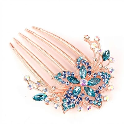 Goudkleurige haarspeld haarclip dames met bloem design en blauwe strass stenen decoratief haar accessoire met kam vorm en sierlijke details
