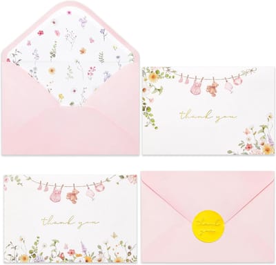 Bedankkaartjes Babyshower Roze Goud (50x) met Enveloppen & Stickers - Wilde Bloem Aquarel
