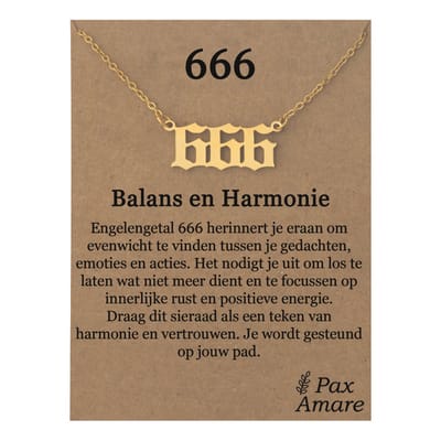 666 Engelen Getal Ketting op Cadeau Kaartje - Goudkleurig - Stainless Steel Spirituele Hanger - 45cm + 5cm verstelbaar - Pax Amare