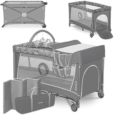 LIONELO Flower Campingbedje 2-in-1: Opvouwbaar Reisbedje & Ledikant met Matras, 2 Verstelbare Hoogtes, Verschoontafel met Organizer, Speelboog, Zij-ingang, Wielen, Draagtas + Bamboe Swaddle, Grijs